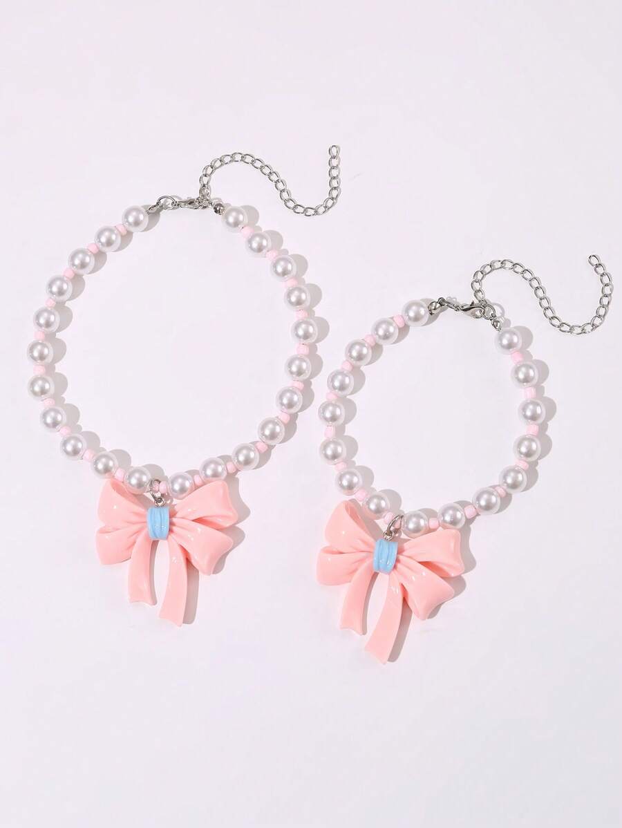 PETSIN 1 件可爱公主风格仿珍珠项圈蝴蝶结吊坠宠物项链配饰，适合小型/中型宠物 - 粉色 - 查看 1