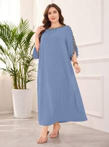 Lacomfia Elegant Embroidered Decor Plus Size Dress - Blue - View 4