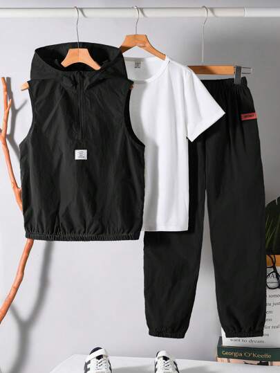 Compre 2 ganhe 1 grátis, 3 peças/Conjunto Estilo Casual Escolar de Menino Pré-Adolescente Confortável e Prático, Conjunto Versátil com Moletom com Capuz, Cardigã e Calça com Cintura Elástica com Camiseta Grátis, Pacote Múltiplo, Adequado para Outono, Primavera, Verão, Serve para Uso Diário, Ao Ar Livre, Escola, Rua, Festa e Lazer