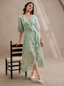 Anewsta 女士绿色雪纺新款度假连衣裙，春夏，节日，优雅，度假，休闲，海滩 - 綠色 - 查看 6