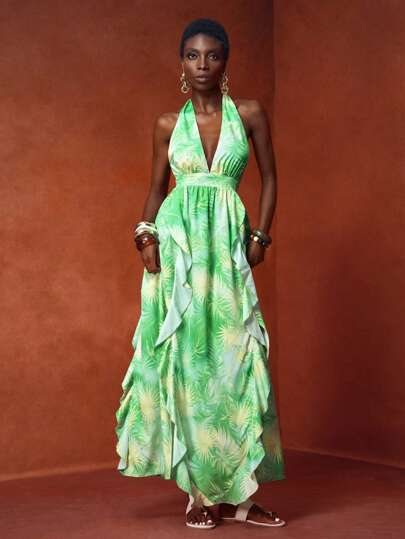 Zivah 2025 Summer New Style Wedding Birthday Party Graduation Season Student Wear Daily Street Basic Versatile Leisure Vacation Cruise Travel Beach Seaside Sunbathing Popular Online Style Elegant Halter Strap Sexy Backless Ruffles High Slit Leaf Print Green Summer Maxi Dress Women's Dress