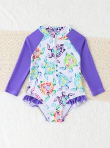 SHEIN Toddler Girl Island Palm Tree Print Long Sleeve Zip-Up One-Piece Swimsuit, Cute Ruffle Raglan Sleeve Sun Protection Swimwear - Multicolor - View 5