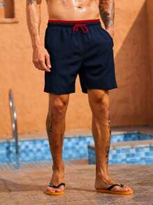 Manfinity KASUA Men's Contrast Color Drawstring Waist Double Layer Casual Beach Shorts, Holiday - Navy Blue - View 6