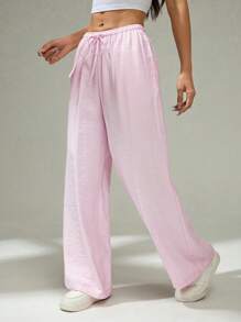 SHEIN PETITE Women Cute Pink Summer Low Waist Casual Loose Trousers Tie Waist Straight Loose Solid Color Casual Pants For Daily Wear - Pink - View 5