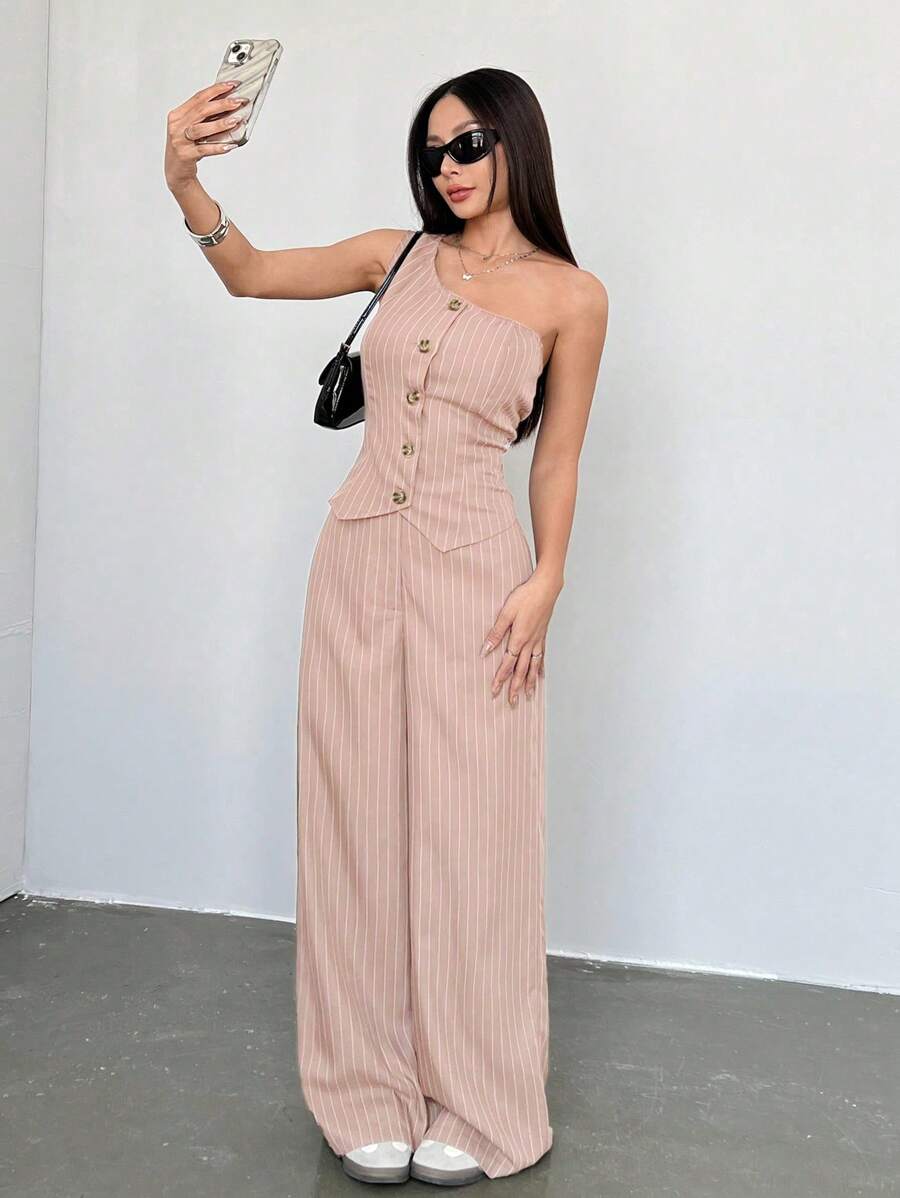 SHEIN Unity 2pcs Casual Khaki Striped Asymmetric Women's Set - Baby Pink - View 1