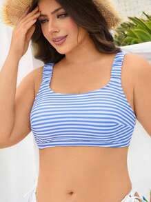 Swim Mod Plus Size Women Summer Beach Striped Wireless Bikini Top - Blue and White - View 6