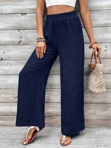 SHEIN Unity Celana Panjang Lurus Longgar Pinggang Tinggi, Pakaian Kasual Liburan Warna Polos untuk Wanita - Navy Blue - View 5