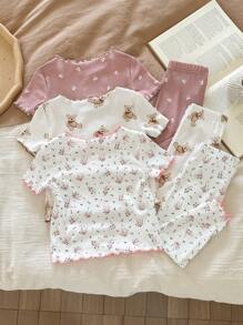 SHEIN LMoss Kids 6pcs/Set Baby Girl Cute Cartoon Bear & Floral Print Ruffle Trim Round Neck Short Sleeve Pants Casual Comfy Knitted Pajamas Set
