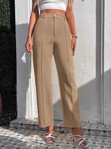 SHEIN Clasi Women Casual High-Waisted Solid Color Suit Pants, Suitable For Office Commute - Champagne - View 5