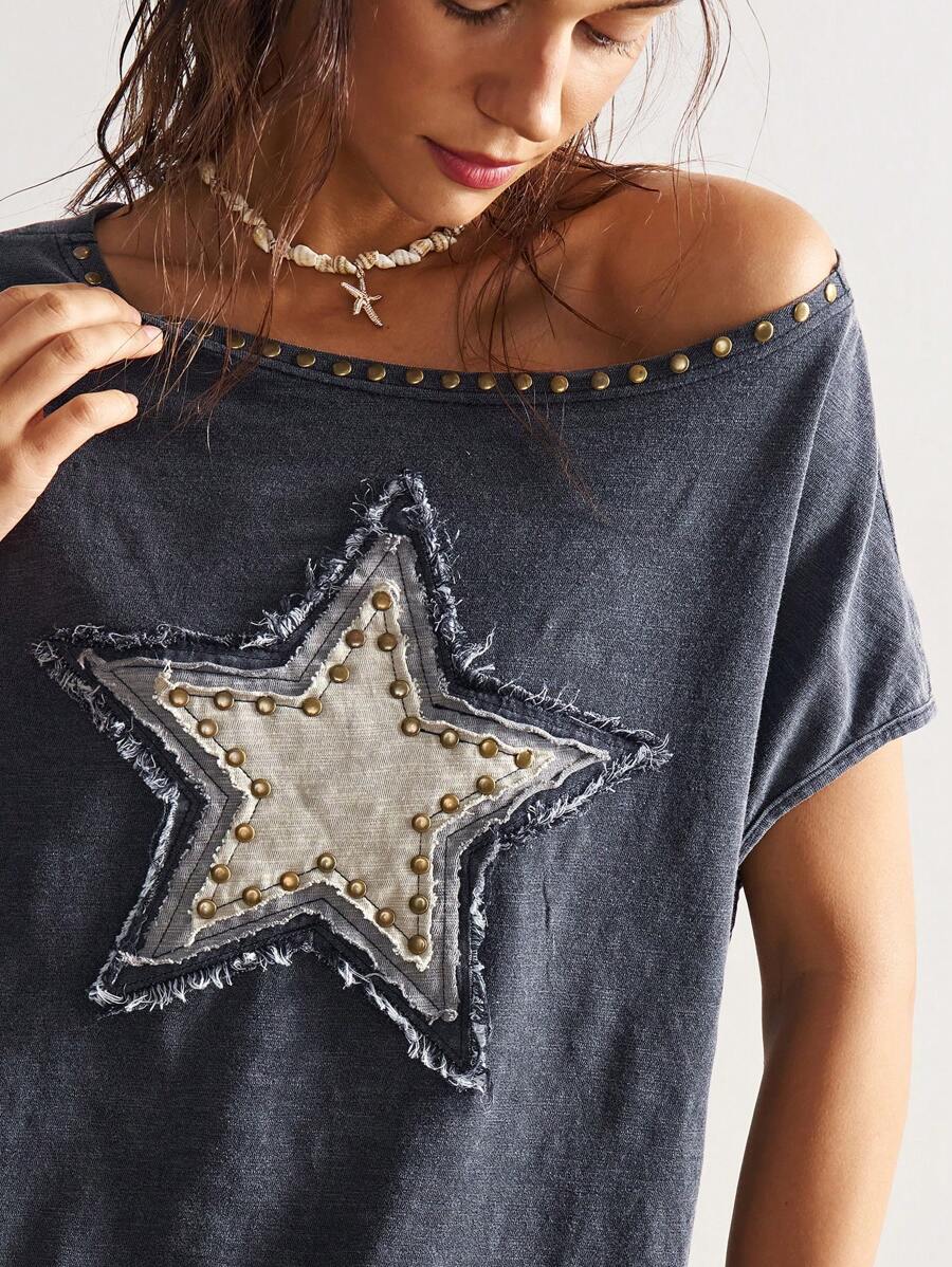 Bohemela Camiseta holgada informal de estilo bohemio con estampado, para verano - Negro - Ver 1