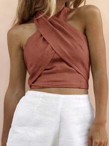 SHEIN VCAY 大码女式夏季休闲纯色交叉吊带上衣 - 鏽棕色 - 查看 5