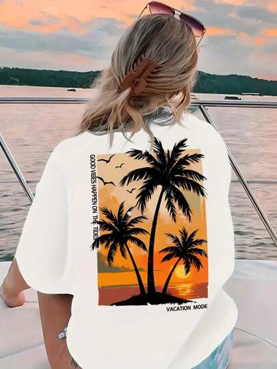 INAWLY Camiseta casual de mujer de manga corta, cuello redondo, con estampado de letras y palmeras, para el verano