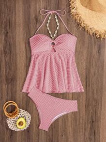 Swim Lushoire Conjunto de bikini de tirantes sexy de unicolor para vacaciones de mujer - Rosa Pálido - Ver 5