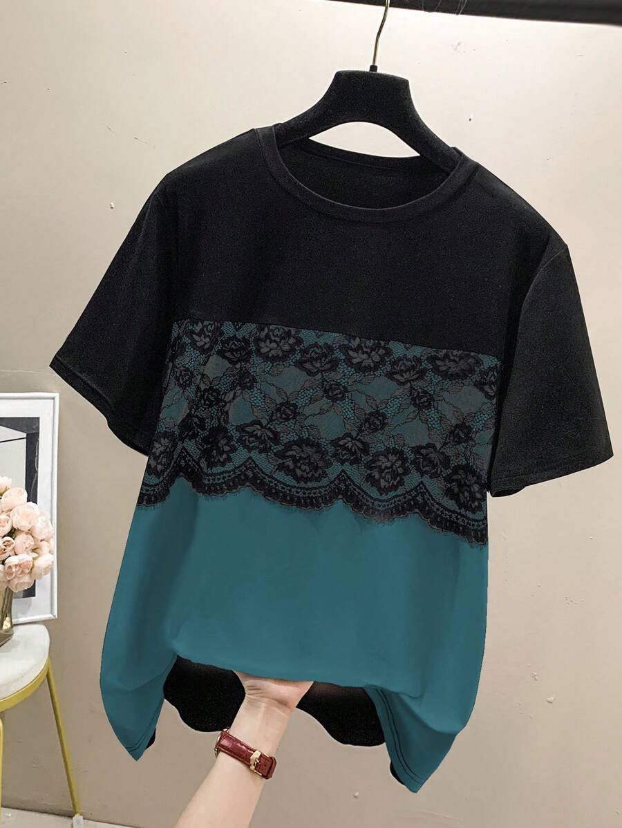 Lacomfia Plus Size Colorblock Lace Patchwork Round Neck Short Sleeve T-Shirt, Suitable For Summer Casual Tops For Women - Blue - View 1