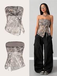 Coolane Women's Summer  Boho Western Wear Utility-Style Braided Outerwear Tree Branch Pattern Braided Pattern Forest Camouflage Asymmetrical Hem Cold Shoulder Mesh Top - Multicolor - View 1