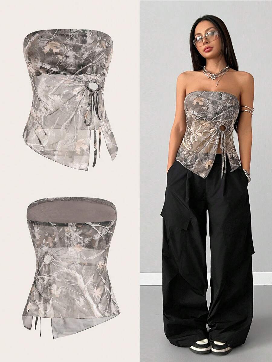 Coolane Women's Summer  Boho Western Wear Utility-Style Braided Outerwear Tree Branch Pattern Braided Pattern Forest Camouflage Asymmetrical Hem Cold Shoulder Mesh Top - Multicolor - View 1