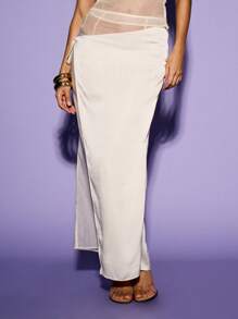 KIZN 缎子和雪纺混合系带裹身长裙 - 米色 - 查看 3