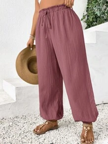 SHEIN Frenchy Pantalones informales de unicolor con cordón para tallas grandes - Rosa vieja - View 3