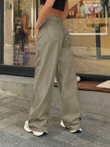 EURMUSE 100% Cotton LOW RISE WIDELEG CUT WHITE JEAN - Army Green - View 2