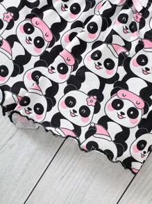 SHEIN 2 件套年轻女孩可爱卡通熊猫印花细肩带背心和短裤休闲睡衣套装，夏季 - 黑與白 - 查看 4