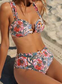 Swim Vcay 女式两件套花卉印花坦基尼，粗肩带高腰比基尼套装，休闲舒适度假泳衣 - 彩色 - 查看 1