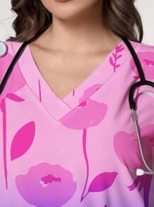 Plus Size Ombre Floral Print Short Sleeve Nurse Uniform Top Scrub Top - Blue - View 4