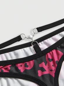 ROMWE J-Fashion Plus Size Y2K Skeleton Heart Print Metallic Decor Underwear - Black - View 4