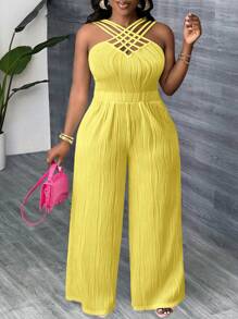 Slaydiva Plus Size Women's Elegant Criss-Cross Front Jacquard Jumpsuit, Suitable For Casual Commute And Vacation