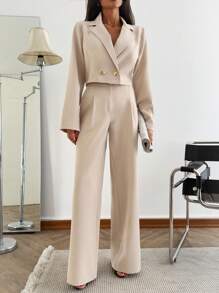 ZIRRA 2pcs Women Casual Commuting Solid Color Cropped Jacket And Pants Set - Apricot - View 1