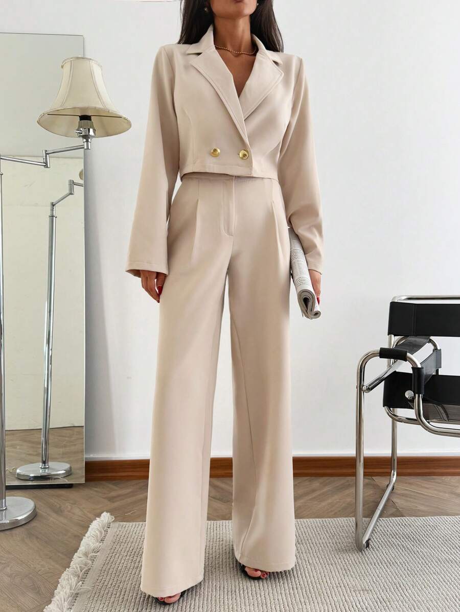 ZIRRA 2pcs Women Casual Commuting Solid Color Cropped Jacket And Pants Set - Apricot - View 1