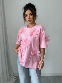 SHEIN PETITE 女士法式优雅3D花卉粉色短袖T恤