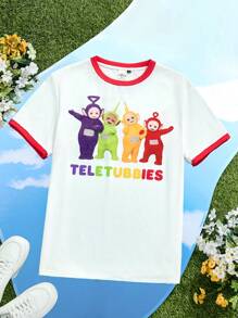 Teletubbies X SHEIN 男式撞色边饰卡通图案圆领短袖 T 恤，夏季 - 白色 - 查看 3