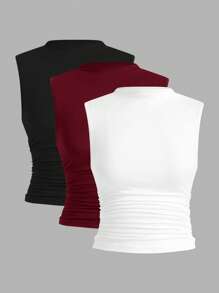 Auralis 3pcs/Set Plus Size Women's Sleeveless Form-Fitting Basic Camisole Set Spring To Summer - Burgundy - View 2