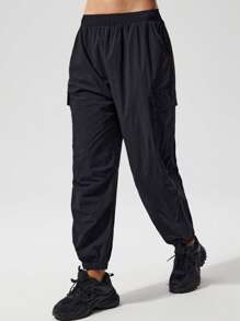 Menodora SHEIN Sport Pantalones de verano de unicolor con bolsillo para mujer - Negro - Ver 8