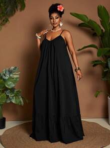 Maweii Plus Size Women Casual Summer Holiday Solid Color Versatile Sleeveless Off-Shoulder Ruffled Patchwork Loose Flared Long Dress - Black - View 5