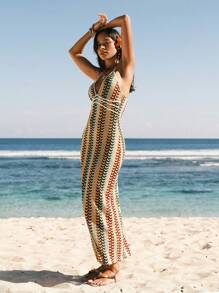 Easelle Women's Spring And Summer Seaside Leisure Vacation Bohemian Beach Woven Halter Neck Sexy Slim V-Neck Long Dress - Multicolor - View 5