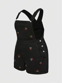 ROMWE Kawaii Plus Size Retro Cute Cherry All Over Print Embroidery Denim Romper, Summer - Black - View 2