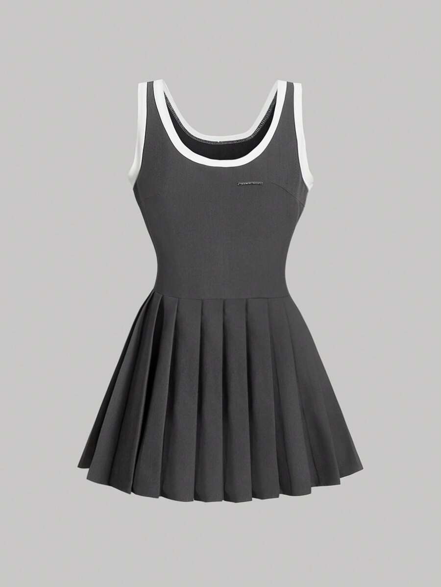 SHEIN MOD 灰色圆领百褶运动休闲连衣裙 - 灰色 - 查看 1