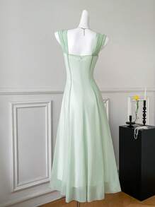 Elenzga Váy mini dây mảnh thanh lịch cao cấp kiểu Pháp xuân/hè 2025 mới tuyệt đẹp, thắt eo bằng lưới xanh thanh thoát, thon gọn - màu xanh lá - Xem 2