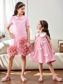 Young Girl Contrast Color Collared Sleeveless Fitted Casual Dress - Pink - View 8