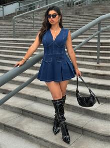 SHEIN ICON Vestido vaquero plisado sin mangas, sexy, talla grande, de verano