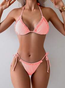 Swim Mod Women's Vacation Striped Nautical Patchwork Ruffle Tie-Up Bikini Set For Summer - Pink - View 4