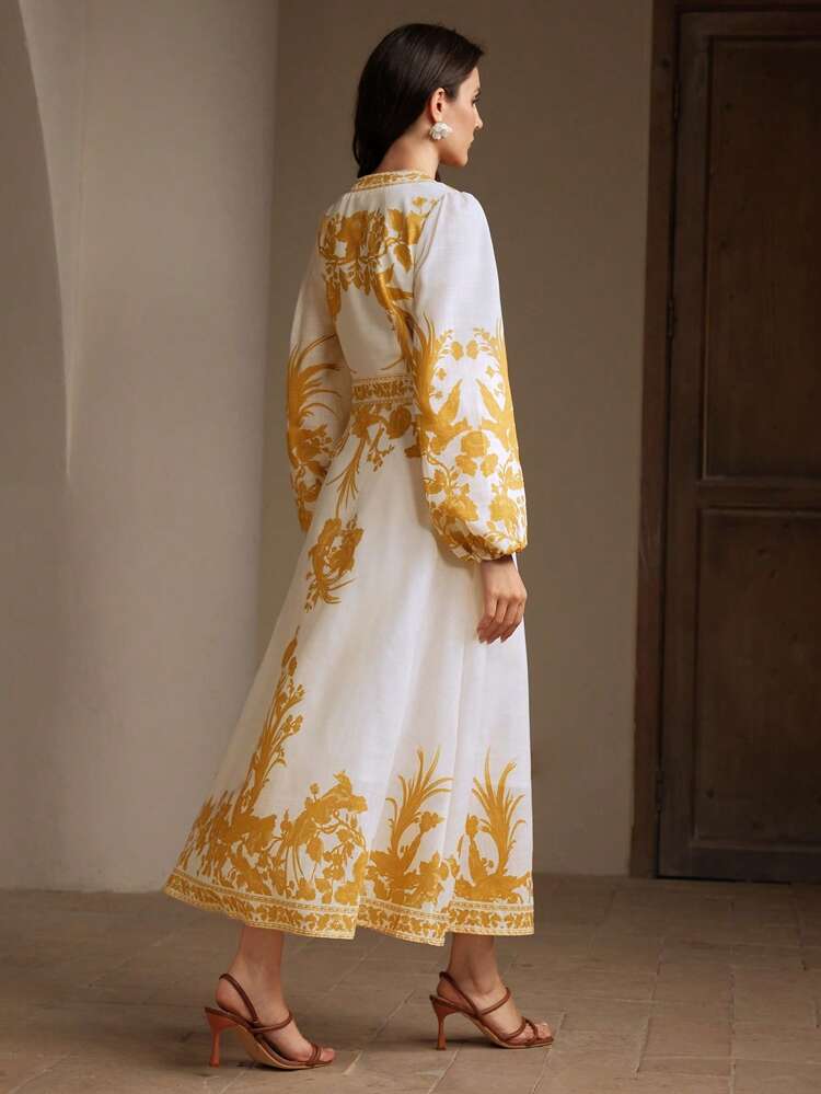 Vintage Wrapped Lantern Sleeve Design Print Niche Long Dress, Boho Style Spring Outfits For Women