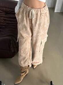 DAZY بنطلون كارجو للسيدات بخصر مطاطي وسحاب، ذي طبعة نمر وأسورة للكاحل