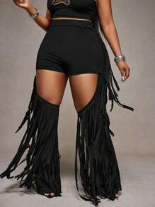 Slaydiva 春夏新款音乐节波西米亚风派对街头风格女装黑色紧身高腰纯色多层流苏加大码喇叭裤