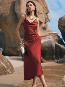 Poéselle 棕色连衣裙，缎面长裙，海星刺绣装饰吊带裙，摇领设计，女士沙滩装，派对女装，鸡尾酒会，女士度假装，女士毕业礼服，女士长裙，时尚夏季女士连衣裙生日女士夏装 - 棕色 - 查看 2