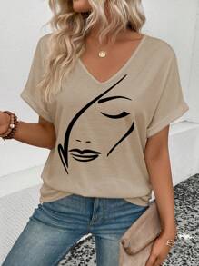 SHEIN Women's Face Print V-Neck Short Sleeve Casual Versatile T-Shirt, Summer - Apricot - View 5