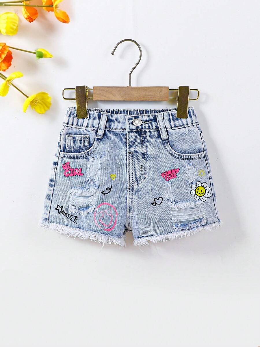 Denim Look Young Girls Casual Urban Style Light Wash Printed Ripped Elastic Waist Button Front Shorts - Light Wash - View 1