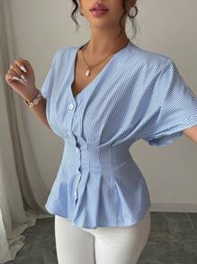 Elenzga Summer Raglan Sleeve Blue & White Striped Slim Fit Beach Shirt
