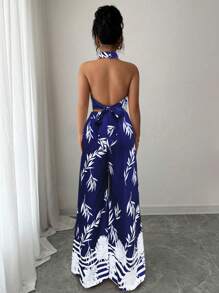Breezaya Women's Elegant Vacation 2 Pieces Set, Halter Neck, Back Tie Wide Leg Pants - Navy Blue - View 2